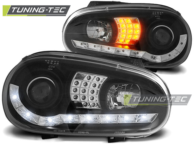 Tuning-Tec LED Tagfahrlicht Scheinwerfer für VW Golf 4 97-03 schwarz mit LED Blinker