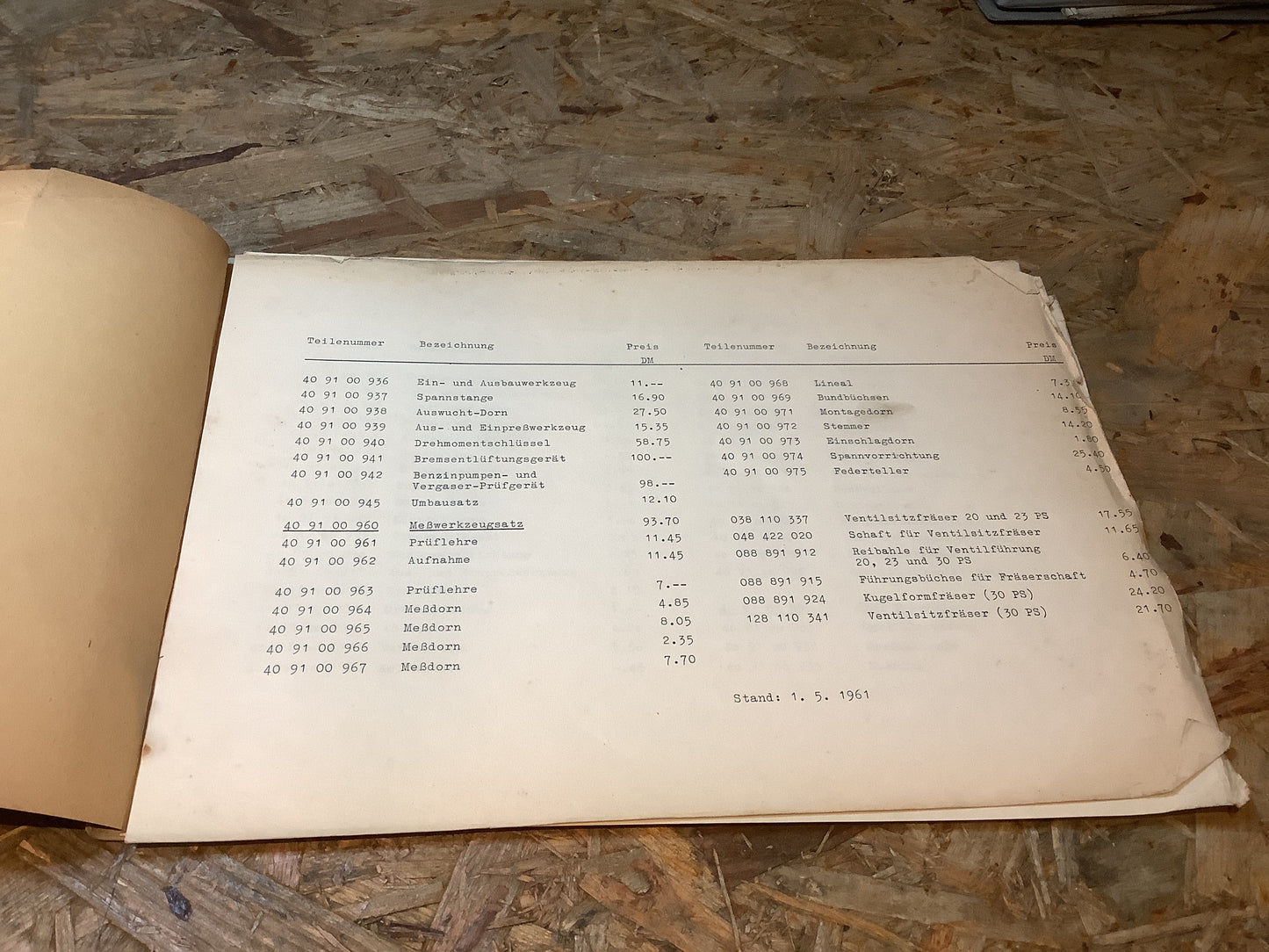 NSU Prinz- Spezialwerkzeuge Stand 01.05.1961 (lose Seiten im Band)
