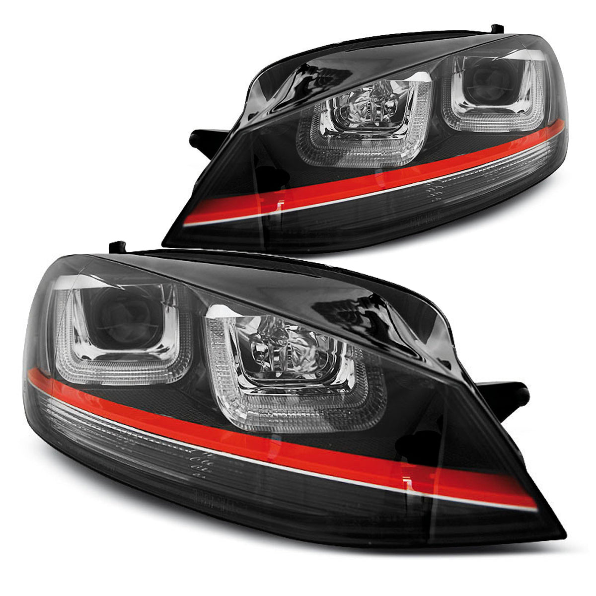 Scheinwerfer U-LED Licht Schwarz mit roter Linie Sport passend für VW Golf 7 12-17