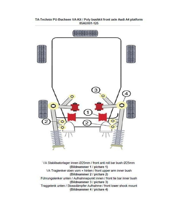 TA Technix PU-Buchsen Kit 18-teilig Vorderachse mit Ø 25mm Stabi passend für Audi A4 (B5)/ Skoda Superb (3U)/ VW Passat ...