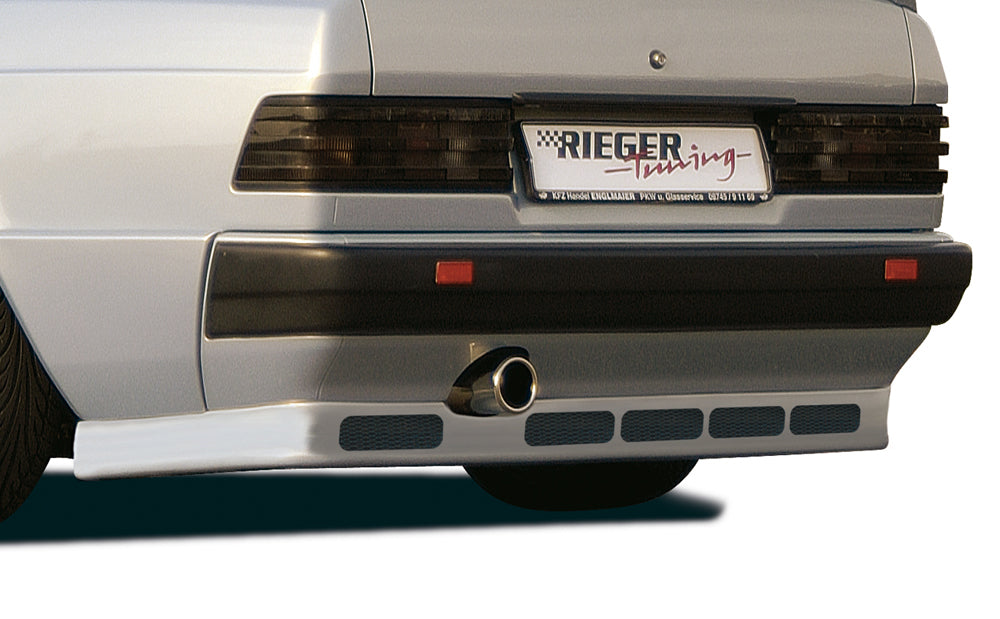 Mercedes 190 (W201) Rieger Heckansatz mit runder Aussp. für Endrohre und Alugitter ABS,
inkl. Alugitter, Gutachten, Montagezubehör
