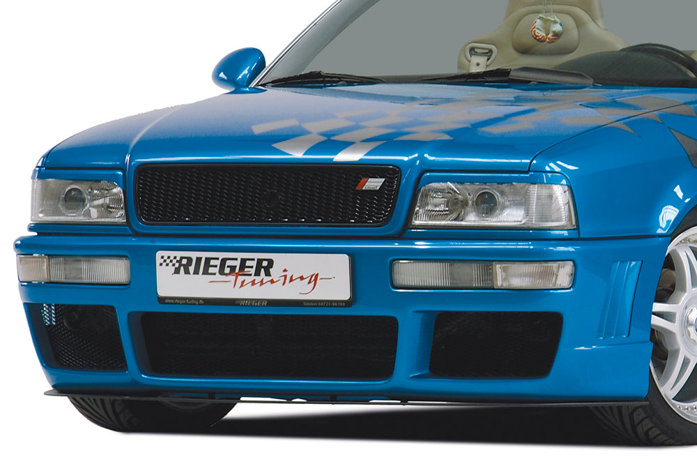 Audi 80 Typ 89 Rieger Spoilerstoßstange -> für Serienblinker, nicht für S2! mit Aussparung für Blinkleuchten, mit Aussparung für NSW, mit seitlichen Rippen, ABS,
inkl. Alugitter, Montagezubehör, ABE