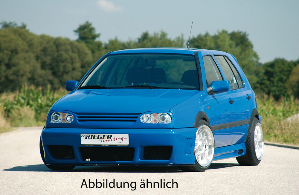 VW Golf 3 Rieger Spoilerstoßstange RS-Four Look mit Aussparung für Blinkleuchten, mit Aussparung für NSW, mit seitlichen Rippen, ABS,
inkl. Alugitter, Montagezubehör, ABE