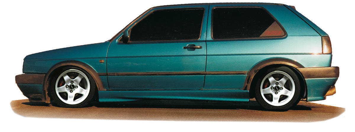 VW Golf 2 Rieger Seitenschweller -> mit GTI Ausschnitt links, ABS,
inkl. Gutachten, Montagezubehör, Aluwinkelleisten