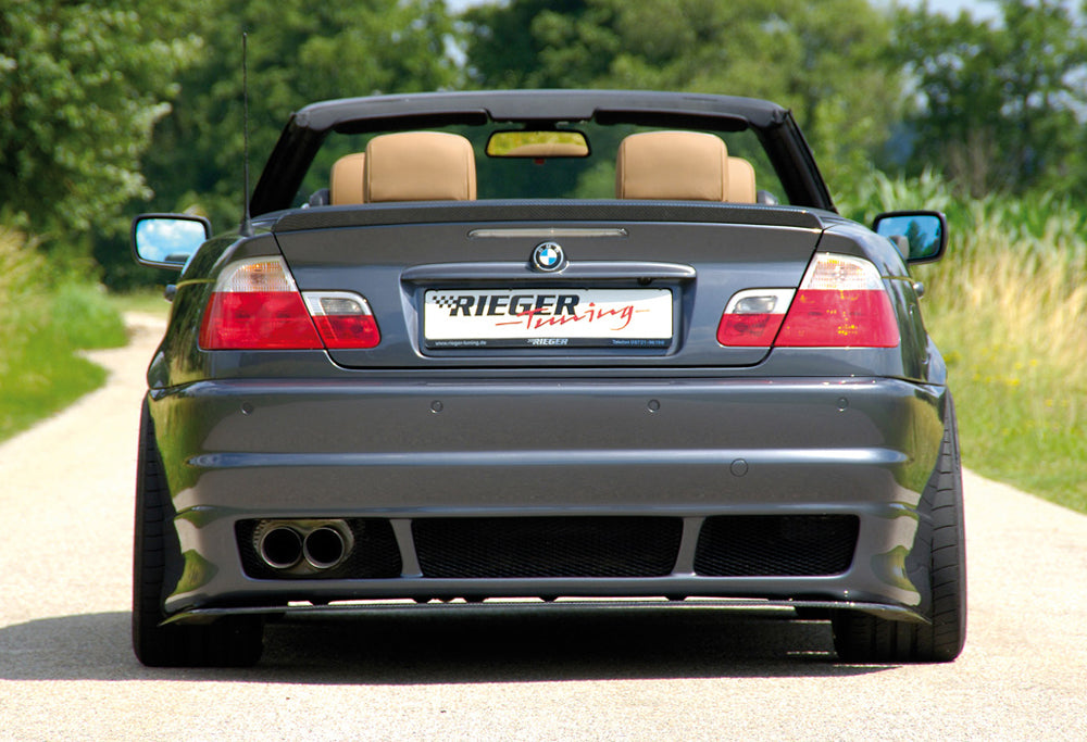 BMW 3er E46 Rieger Heckschürze ABS, für Fzg. mit Einparkhilfe (PDC),
inkl. Alugitter, Gutachten, Montagezubehör