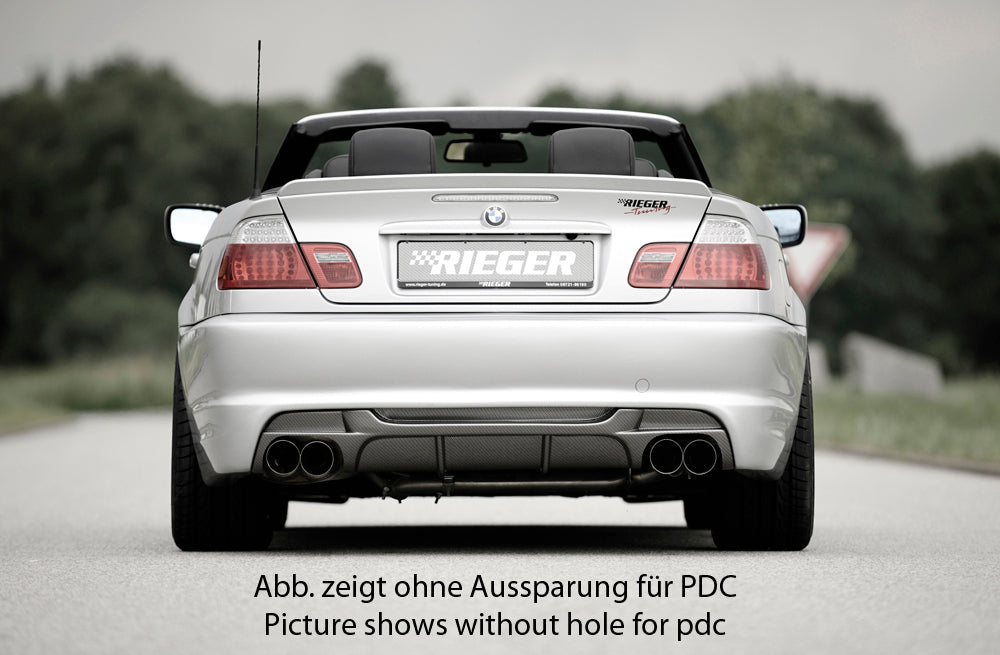 BMW 3er E46 Rieger Heckschürze ohne Heckeinsatz ABS, für Fzg. mit Einparkhilfe (PDC),
inkl. Gutachten, Montagezubehör