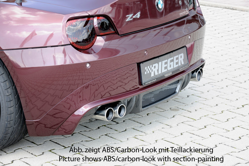 BMW Z4 (E85) Rieger Heckansatz für Doppelendrohr li. u. re., (4x76mm ø), ABS,
inkl. Alugitter, Montagezubehör, Gutachten
