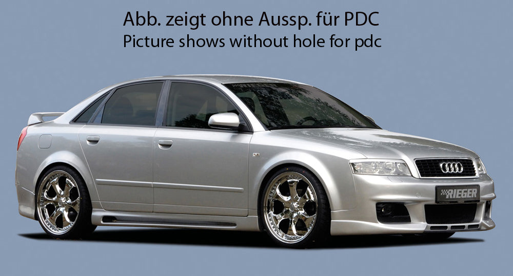 Audi A4 (8E) Typ B6 Rieger Spoilerstoßstange neues Design mit 3 Lüftungsschlitzen mittig, ABS, für Fzg. mit Einparkhilfe (PDC), NSW,
inkl. Alugitter, Montagezubehör, ABE
