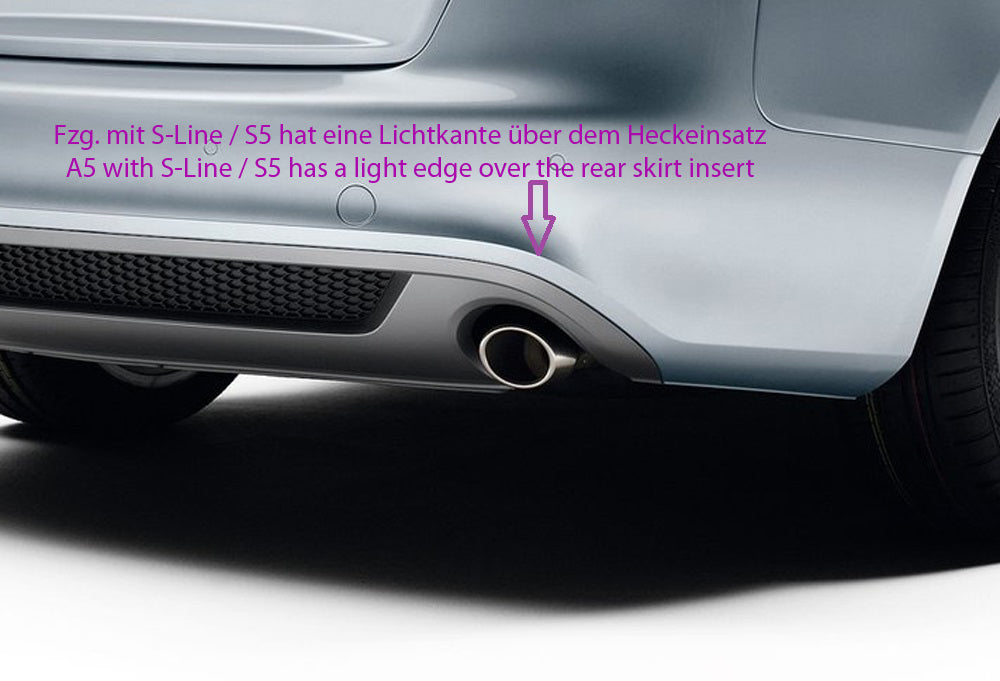 Audi A5 (B8/B81) Rieger Heckschürzenansatz für orig. Doppelendrohr li, ABS, für Fzg. ohne S-Line Exterieur,
inkl. Alugitter, Montagezubehör, Gutachten