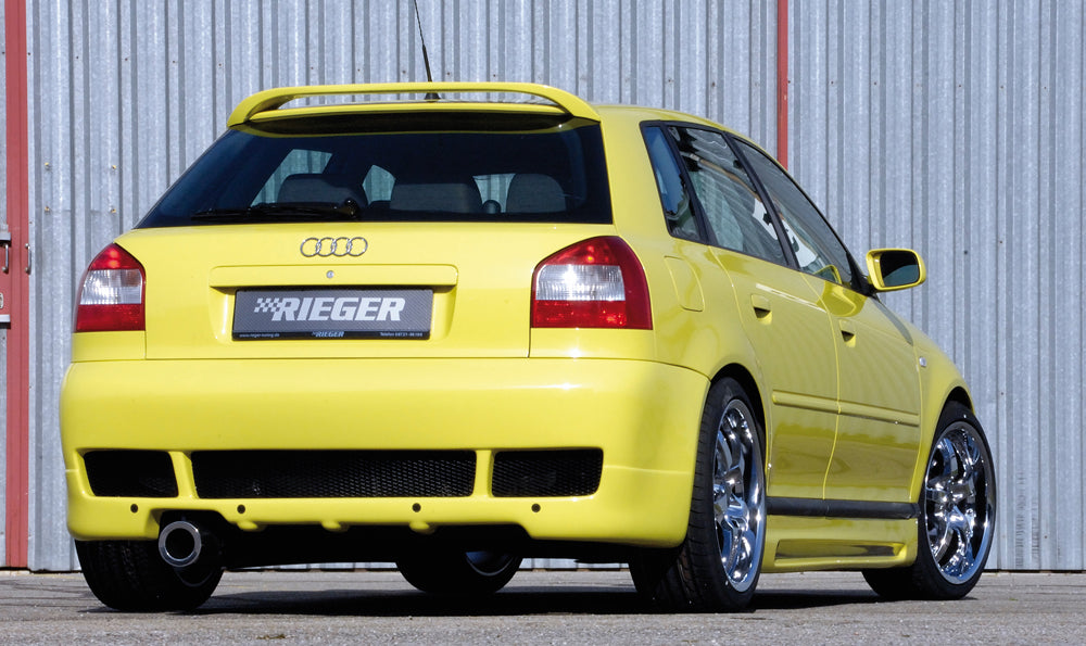 Audi A3 (8L) Rieger Heckschürze nicht für S3, nicht für Quattro ABS, für Fzg. mit Einparkhilfe (PDC),
inkl. Alugitter, Gutachten, Montagezubehör