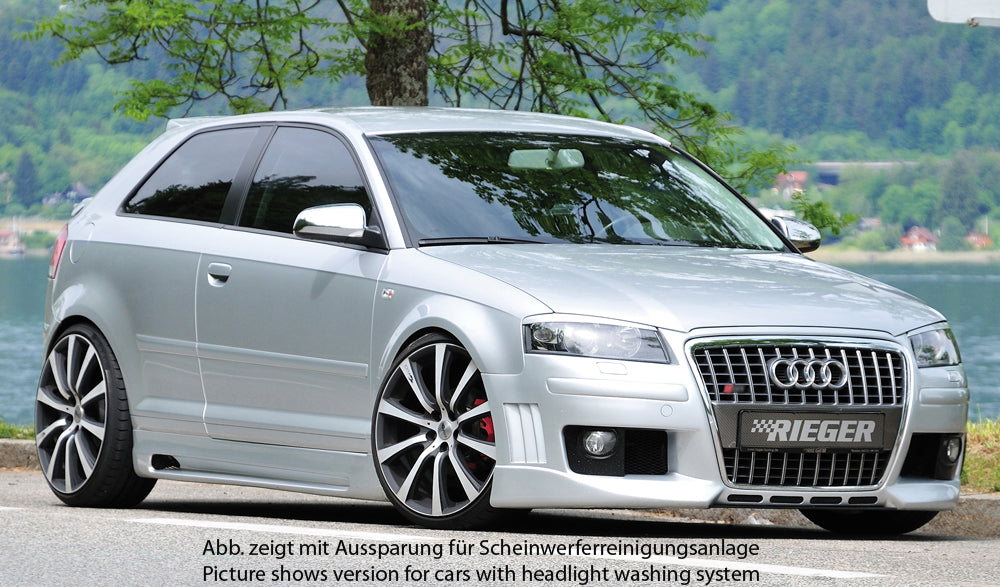Audi A3 (8P) Rieger Spoilerstoßstange R-Frame für Fzg. ohne serienmäßigen Single-Frame-Grill mit Halter f. orig. NSW, mit Abdeckkappen f. orig. NSW, mit seitlichen Rippen, ABS,
inkl. Alugitter, Montagezubehör, ABE