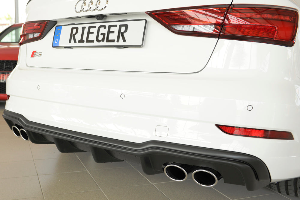 Audi A3 S3 (8V) Rieger Heckeinsatz nur S3 (8V) Limousine / Cabrio für orig. Doppelendrohr li u. re, (4x90x72mm oval), ABS, für Fzg. mit S-Line Exterieur,
inkl. Montagezubehör, Gutachten