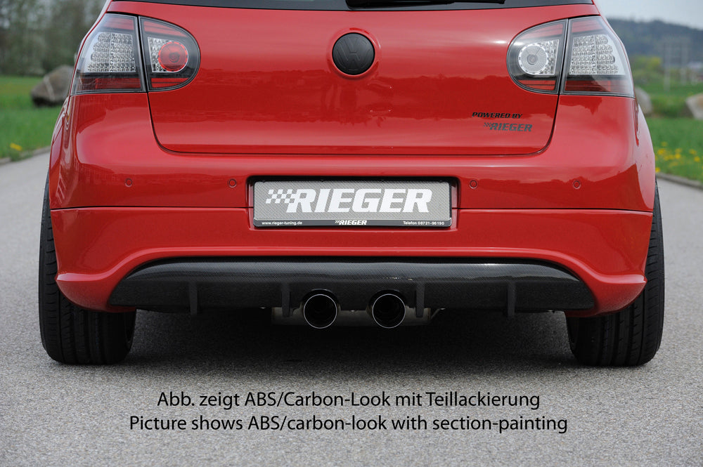 VW Golf 5 Rieger Heckschürzenansatz R-Look (Golf 5 u. Golf 5 GTI) für Doppelendrohr mittig, ABS,
inkl. Montagezubehör, Gutachten