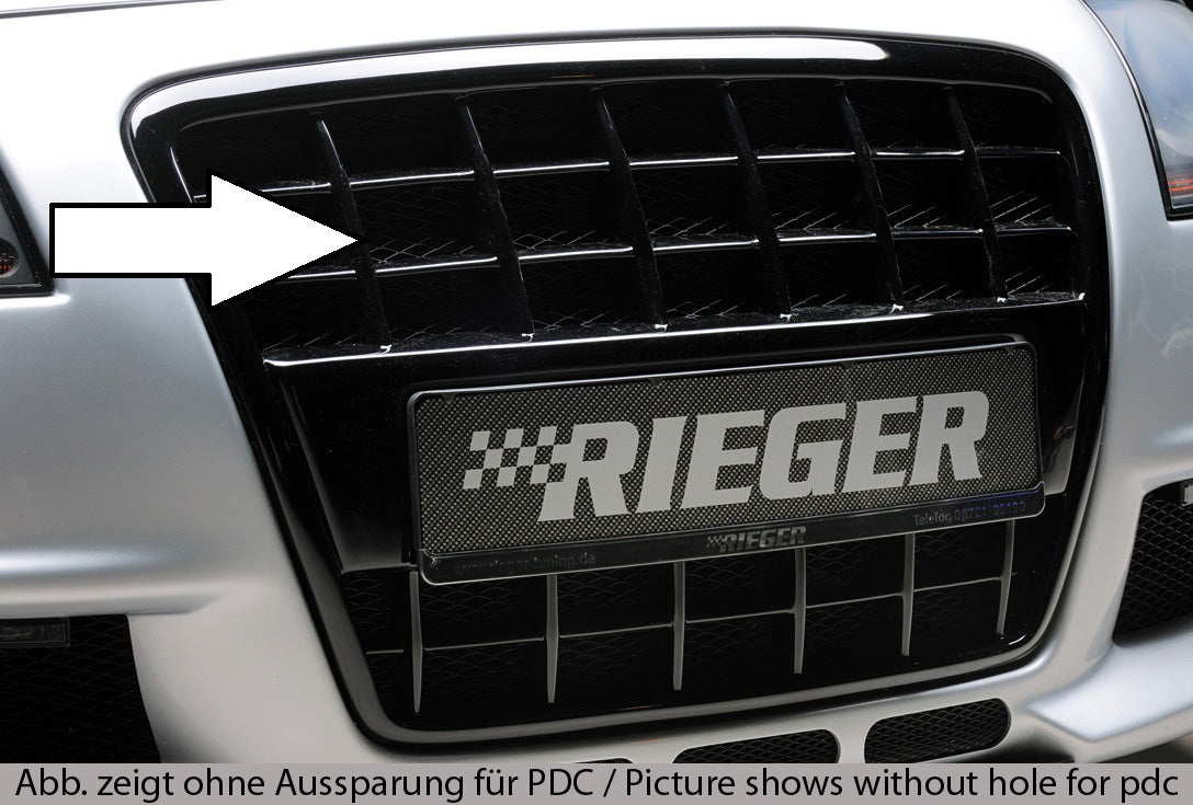 Audi A4 (8H) Rieger Grill mit integrierter Kennzeichenauflage für Spoilerstoßstange 55261 / 55263 für Spoilerstoßstange, ABS, schwarz glänzend, für Fzg. mit Einparkhilfe (PDC),
inkl. Alugitter