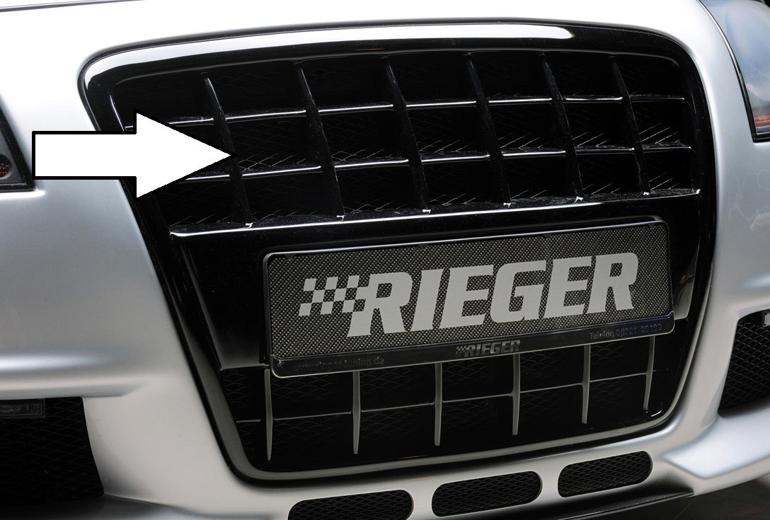 Audi A4 (8H) Rieger Grill mit integrierter Kennzeichenauflage für Spoilerstoßstange 55260 / 55262 für Spoilerstoßstange, ABS, schwarz glänzend,
inkl. Alugitter