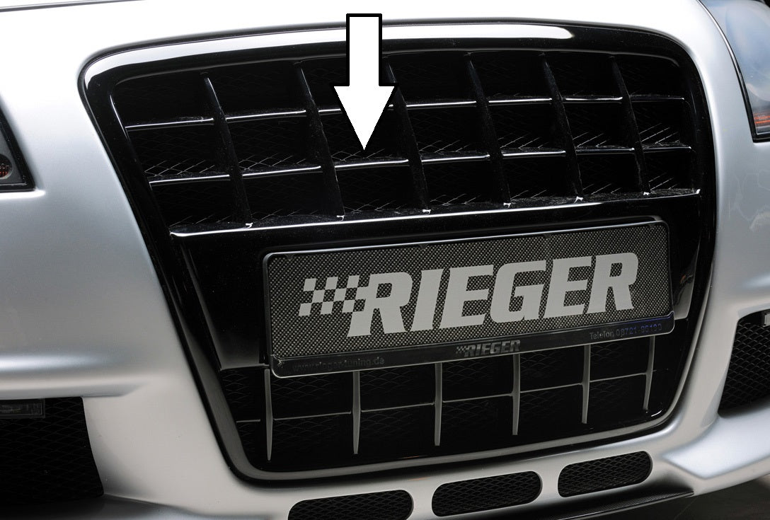 Audi A3 (8P) Rieger Grill mit integrierter Kennzeichenauflage für Spoilerstoßstange 56750/51 / 56743/44 für Spoilerstoßstange, ABS, schwarz glänzend,
inkl. Alugitter