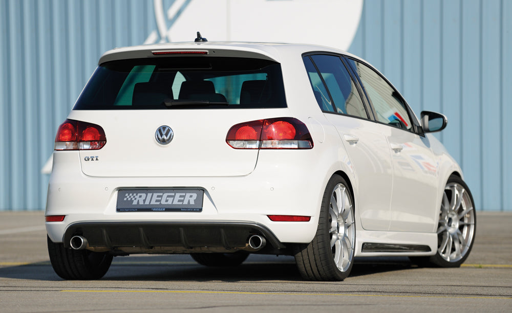 VW Golf 6 GTI Rieger Heckeinsatz für orig. Endrohr li. u. re., ABS, schwarz glänzend,
inkl. Montagezubehör, Gutachten