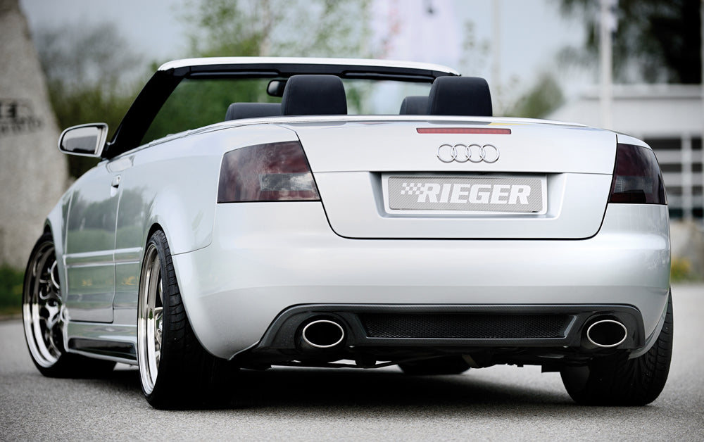 Audi A4 (8H) Rieger Heckeinsatz (GBL-55269) für Sportendrohr li. u. re., (140x90mm oval), ABS, schwarz glänzend,
inkl. Al...