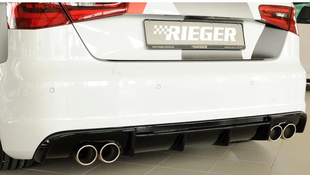 Audi A3 (8V) Rieger Heckeinsatz für Doppelendrohr li. u. re., (4x90mm ø), ABS, schwarz glänzend, für Fzg. mit S-Line Exterieur,
inkl. Montagezubehör, Gutachten