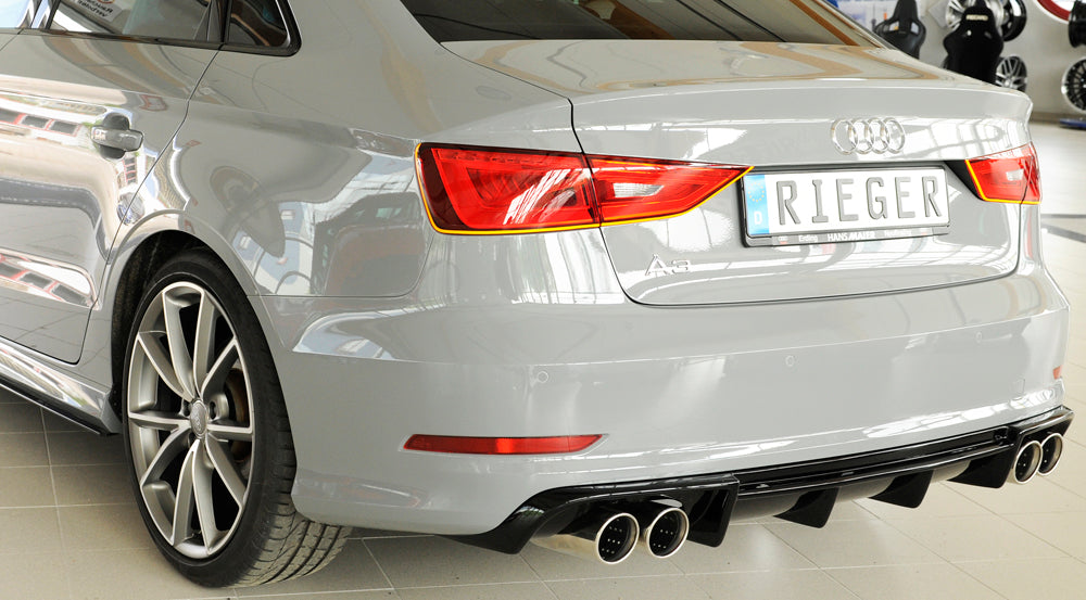 Audi A3 (8V) Rieger Heckeinsatz für Doppelendrohr li. u. re., (4x90mm ø), ABS, schwarz glänzend, für Fzg. mit S-Line Exterieur,
inkl. Montagezubehör, Gutachten