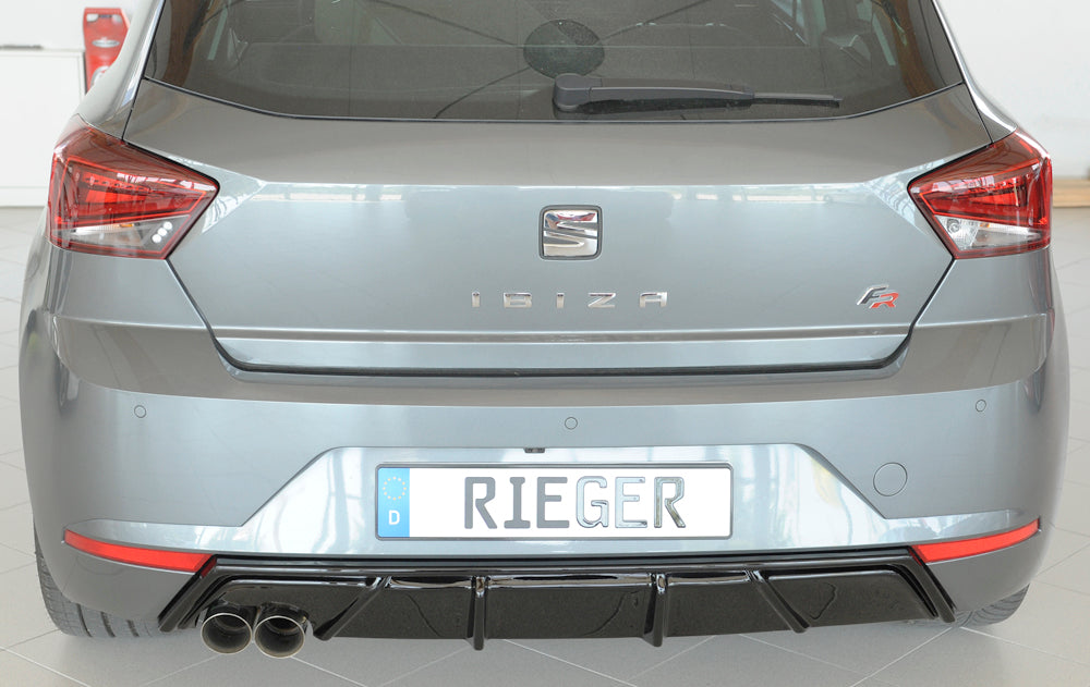 Seat Ibiza (KJ) Rieger Heckeinsatz mit Endrohraussparung für Sport-ESD links für Sportendrohr li., (2x76mm ø), ABS, schwarz glänzend,
inkl. Montagezubehör, Gutachten