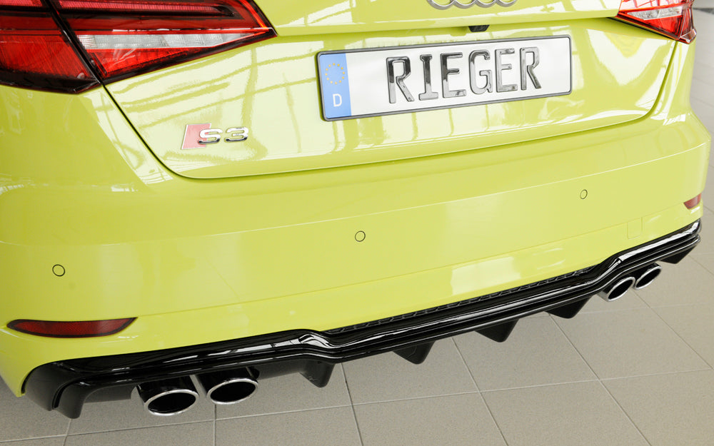 Audi A3 S3 (8V) Rieger Heckeinsatz nur S3 (8V) Schrägheck / Sportback für orig. Doppelendrohr li u. re, (4x90x72mm oval), ABS, schwarz glänzend, für Fzg. mit S-Line Exterieur,
inkl. Montagezubehör, Gutachten