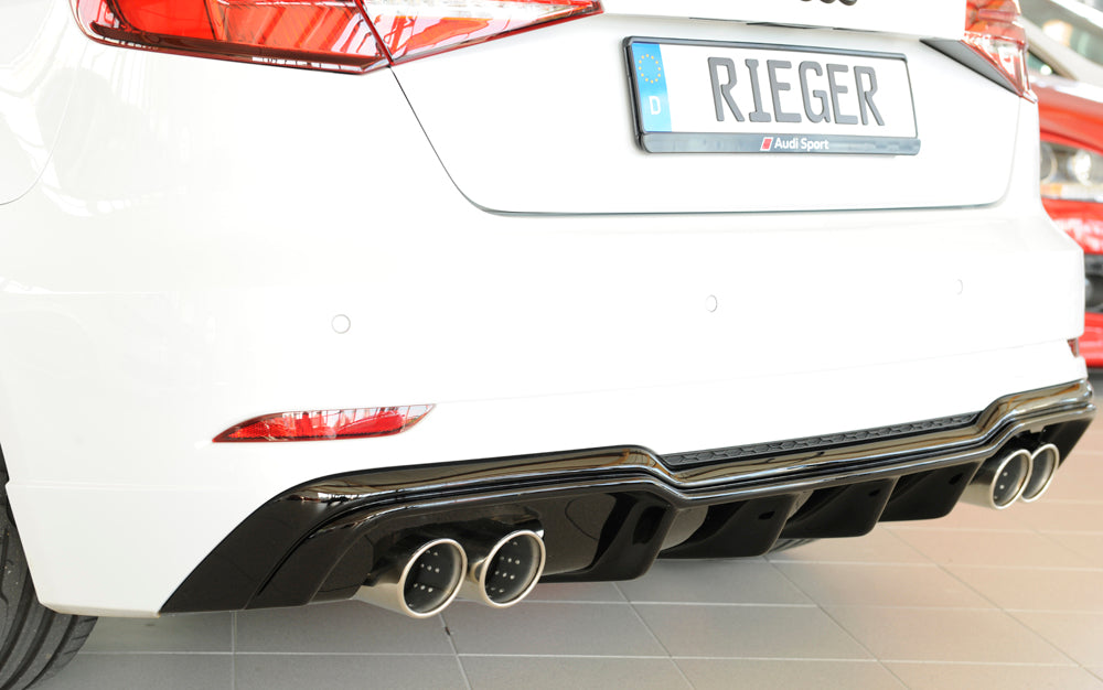 Audi A3 (8V) Rieger Heckeinsatz für Doppelendrohr li. u. re., (4x90mm ø), ABS, schwarz glänzend, für Fzg. mit S-Line Exterieur,
inkl. Montagezubehör, Gutachten
