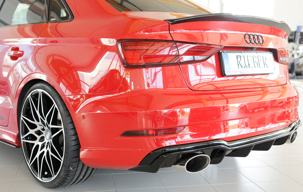 Audi A3 (8V) Rieger Heckeinsatz für Sportendrohr li. u. re., (152x95mm oval), ABS, schwarz glänzend, für Fzg. mit S-Line Exterieur,
inkl. Montagezubehör, Gutachten