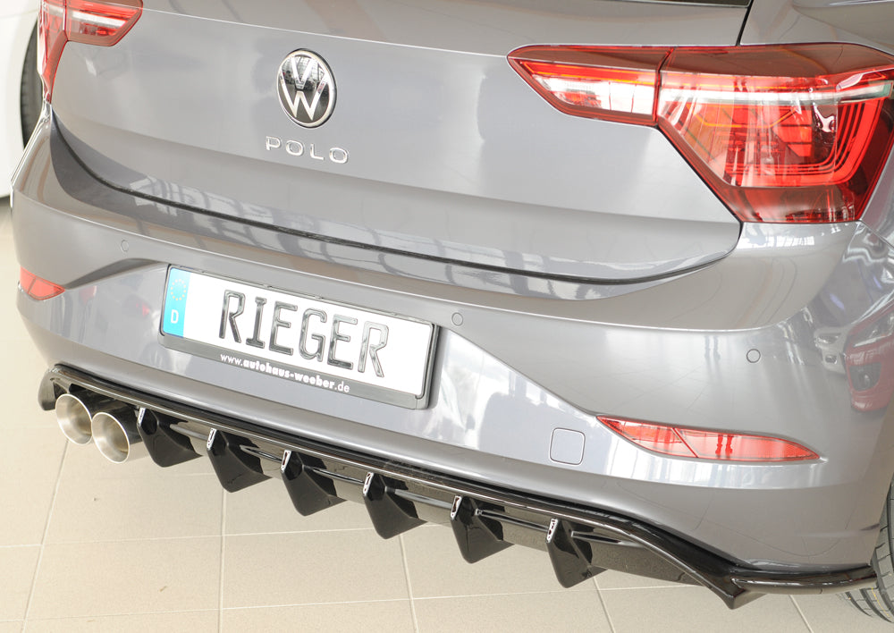 VW Polo (AW) GTI Rieger Heckeinsatz für orig. Doppelendrohr li, ABS, schwarz glänzend,
inkl. Montagezubehör, Gutachten