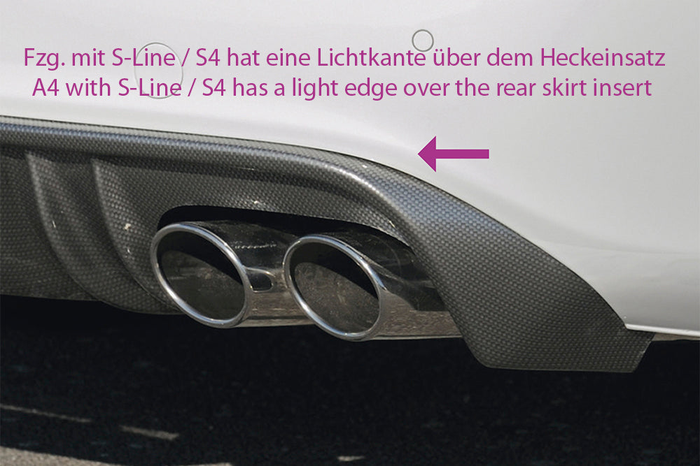 Audi A4 (B8/B81) Rieger Heckschürzenansatz für orig. Doppelendrohr li, ABS, Carbon-Look, für Fzg. ohne S-Line Exterieur,
inkl. Montagezubehör, Alugitter, Gutachten