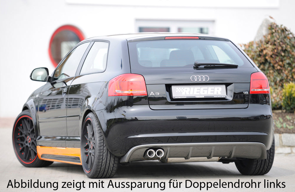 Audi A3 (8P) Rieger Heckeinsatz für Sportendrohr li. u. re., (4x76mm ø), ABS, Carbon-Look, für Fzg. mit S-Line Exterieur und ohne S-Line Exterieur,
inkl. Montagezubehör, Gutachten