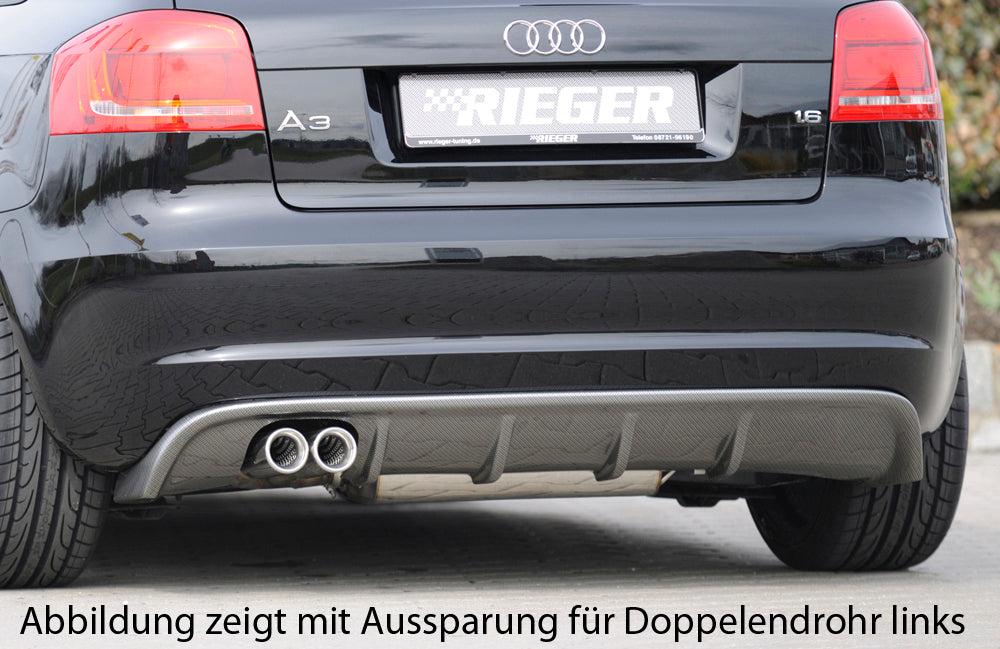 Audi A3 (8P) Rieger Heckeinsatz für orig. Endrohr li., ABS, Carbon-Look, für Fzg. mit S-Line Exterieur und ohne S-Line Exterieur,
inkl. Montagezubehör, Gutachten