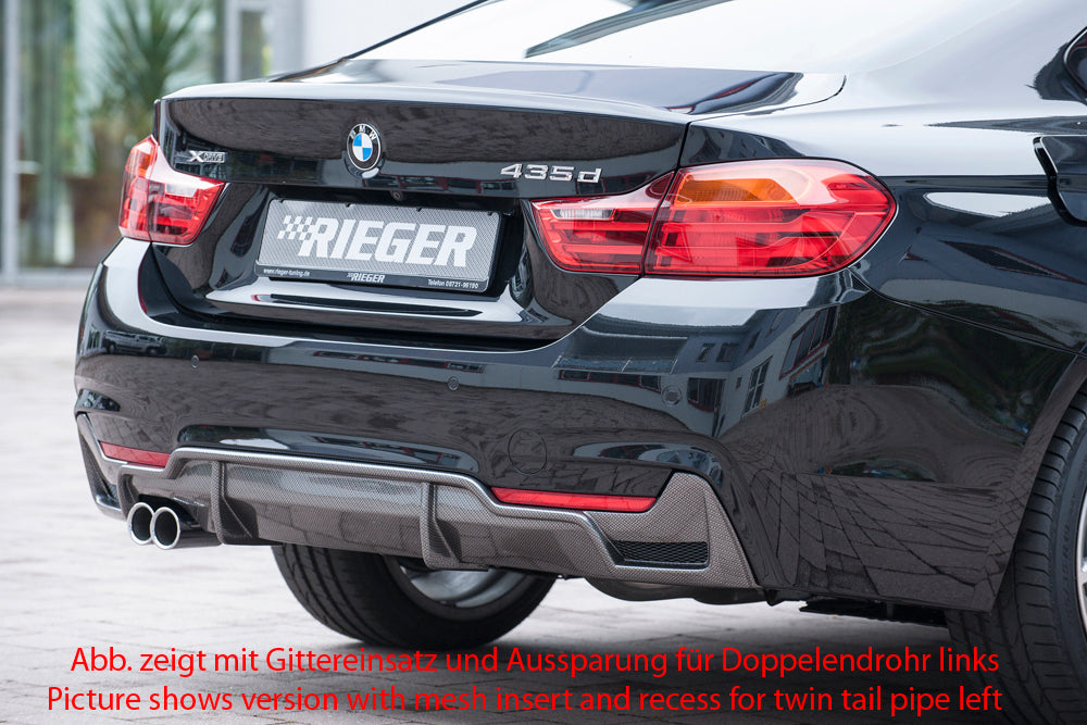 BMW 4er F32 (3C) Rieger Heckeinsatz nur für M-Paket-Heckschürze für orig. Endrohr li., ABS, Carbon-Look, für Fzg. mit M-Technik,
inkl. Montagezubehör, Gutachten