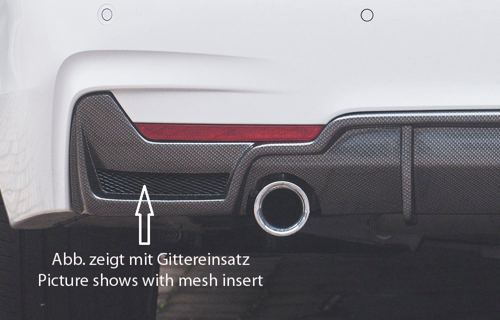 BMW 4er F32 (3C) Rieger Heckeinsatz (nur 435i) nur für M-Paket-Heckschürze mit Gittereinsatz li./re., für orig. Endrohr li. u. re. (435i-/440i-Look), ABS, Carbon-Look, für Fzg. mit M-Technik,
inkl. Alugitter, Montagezubehör, Gutachten