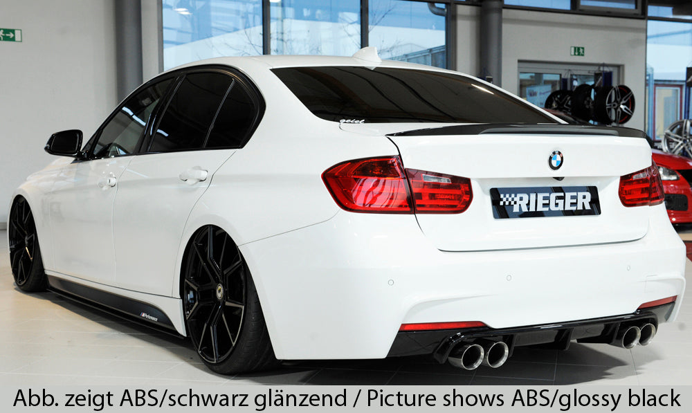 BMW 3er F30 (3L) Rieger Heckeinsatz nur für M-Paket-Heckschürze für Doppelendrohr li. u. re. (335i-/340i-Look), (4x90mm ø), ABS, Carbon-Look, für Fzg. mit M-Technik,
inkl. Montagezubehör, Gutachten