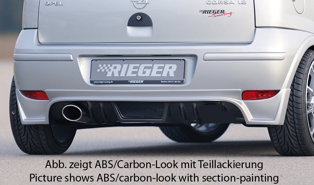 Opel Corsa C Rieger Heckschürzenansatz für Faceliftmodelle! für Doppelendrohr li., ABS, Carbon-Look,
inkl. ABE, Alugitter, Montagezubehör, Gutachten