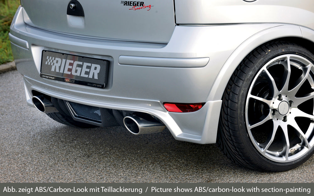 Opel Corsa C Rieger Heckschürzenansatz für Faceliftmodelle! für Endrohr li. u. re., ABS, Carbon-Look,
inkl. ABE, Alugitter, Montagezubehör, Gutachten