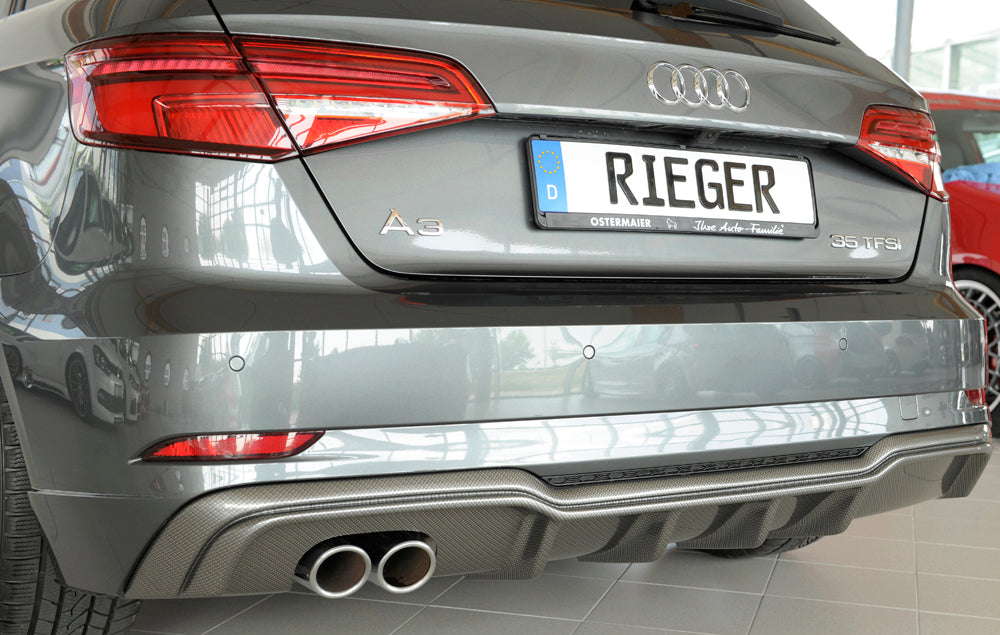 Audi A3 (8V) Rieger Heckeinsatz für Doppelendrohr li., ABS, Carbon-Look, für Fzg. mit S-Line Exterieur,
inkl. Montagezubehör, Gutachten