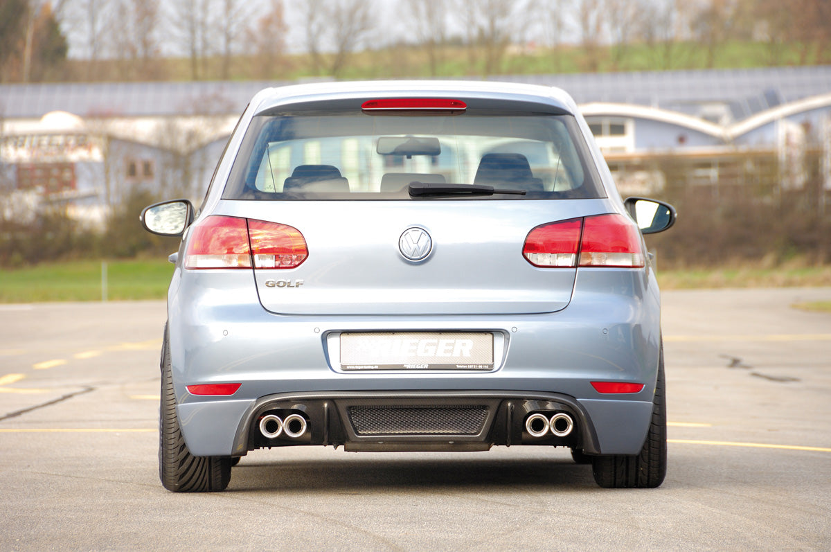 VW Golf 6 Rieger ESD 4x80 Typ14, Golf 6 1.4l 59kW, 1.6l 75kW 2.0l FSI 1.9 TDI 66/77kW, 2.0 TDI81/100/103kW 4x80mm, links, rechts, seitl. versetzt, ohne Siebrohr, schräg, für RIEGER-Heckansatz, Edelstahl,
inkl. Gutachten
