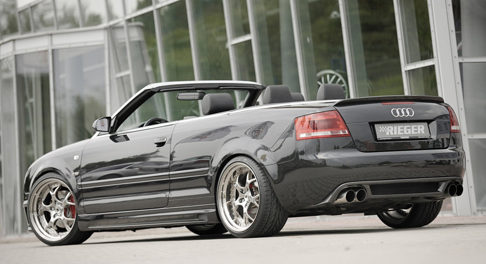 Audi A4 (8H) RIEGER ESD li./re. Typ 14, Audi A4 (8H) Cabrio 2.0l 147kW 2.4l 125kW 3.0l 162kW links, rechts, 4x90mm, rund, scharfkantig, schräg, seitl. versetzt, für RIEGER-Heckeinsatz, Edelstahl,
inkl. Montagezubehör, Gutachten