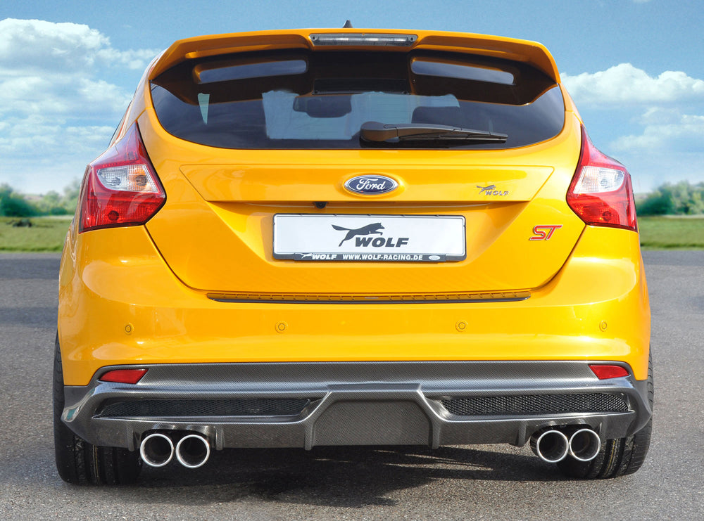 Ford Focus 3 ST Wolf Heckschürzenansatz W1218646 mit Gittereinsatz li./re., für Doppelendrohr li. u. re., (4x90mm ø), ABS, Carbon-Look,
inkl. Alugitter, Montagezubehör, Gutachten