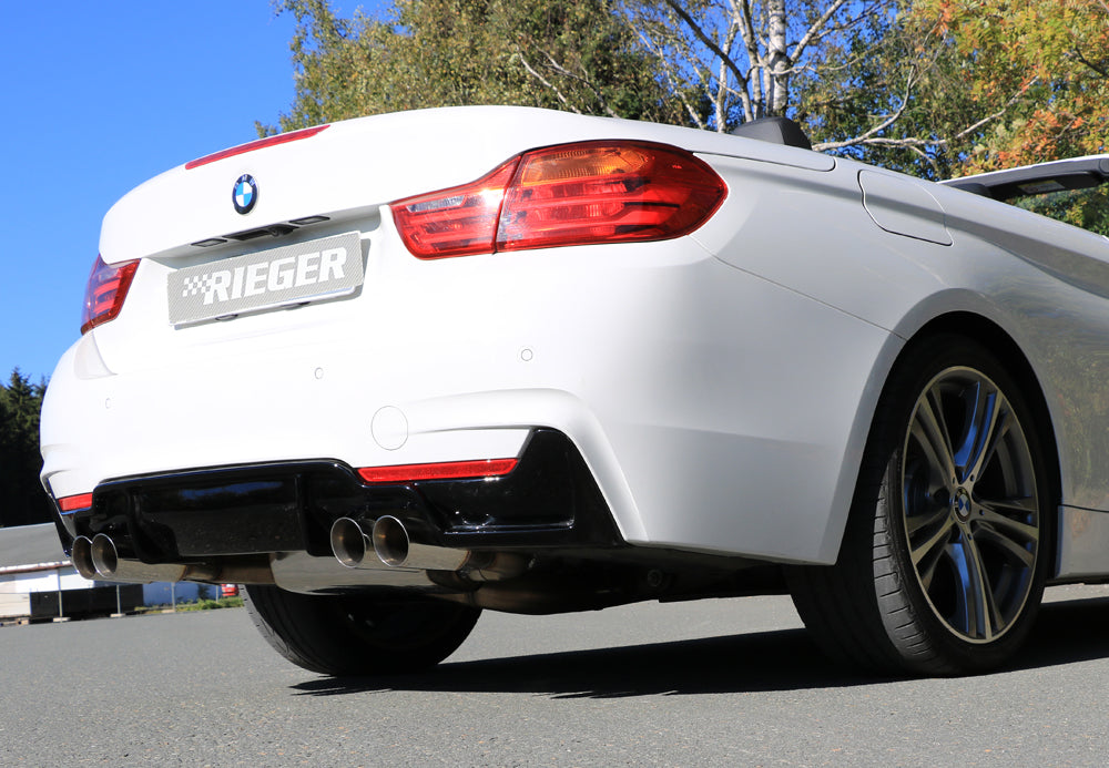 BMW 4er F32 (3C) Rieger ESD BMW 4er F32/F33/F36, nur 435i 225/250kW 4x80mm, rund 15° schräg (Typ 25) mit Typ-B Einsatz links, rechts, 4x80mm, für RIEGER-Heckeinsatz, Edelstahl, für Fzg. mit M-Technik,
inkl. Montagezubehör, ABE