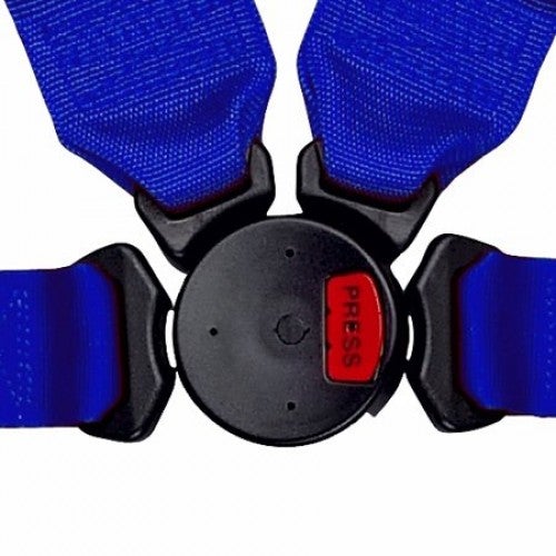 Schroth PROFI II-FE asm blau mit SCHROTH RACING Logo links mit Ausklinkbeschlag