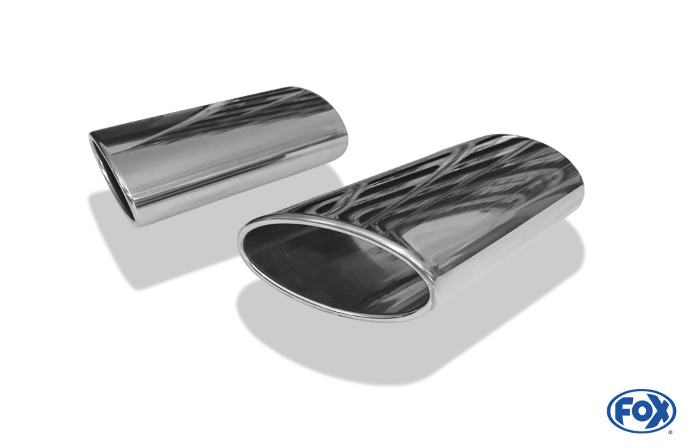 FOX Anschweißendrohr Typ 38 - Rechts & Links 160x90 mm / Länge: 300 mm - oval - 1x seitlich nach rechts 15° und 1x seitlich nach links 15°, sowie 15° nach unten abgeschrägt / eingerollt / ohne Absorber