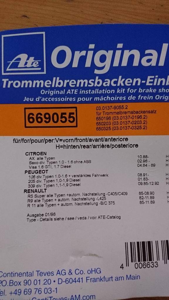 ATE Einbausatz Trommelbremsbacken Citroën Peugeot Renault Neu