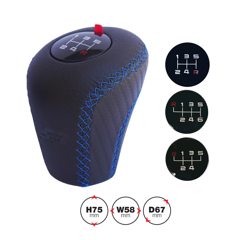 Simoni Racing Schaltknauf Slick - Schwarz Leder + Blaue Naten + 3 Muster