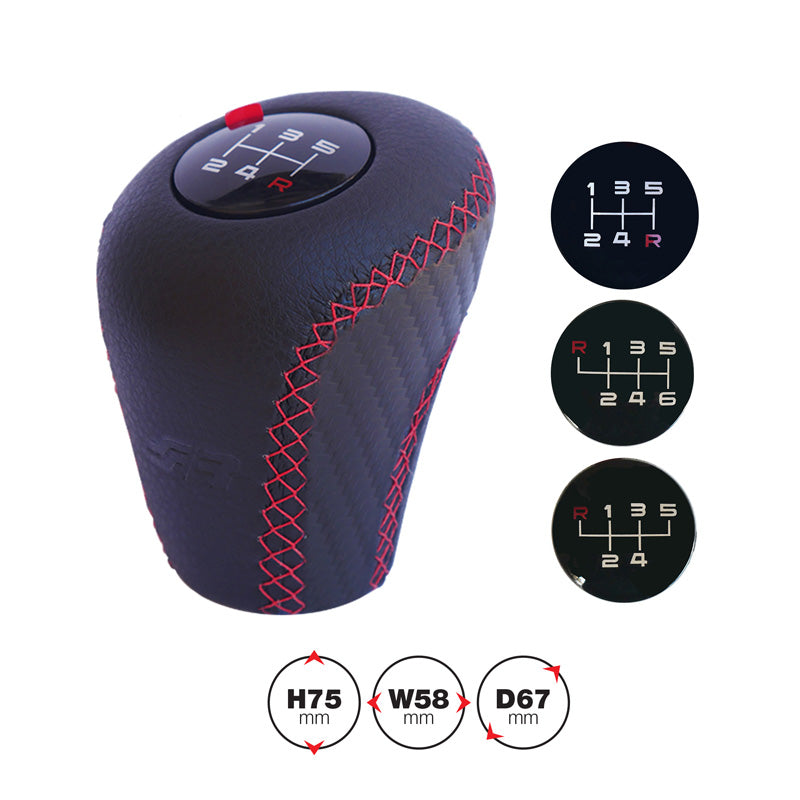 Simoni Racing Schaltknauf Slick - Schwarz Leder + Rote Naten + 3 Muster