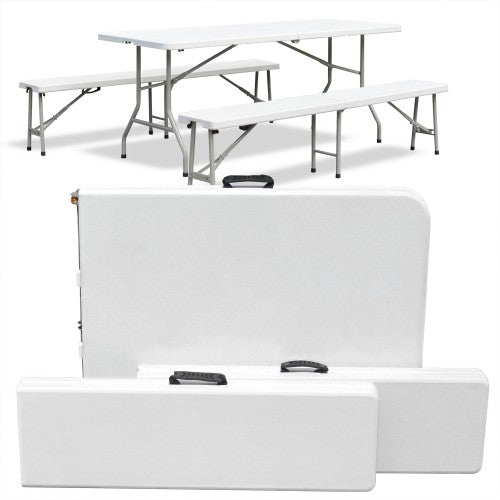 Klappbank aus HDPE Kunststoff 183x28x43 cm Creme-hell, Metallgestell pulverbeschichtet, mit Klappfunktion