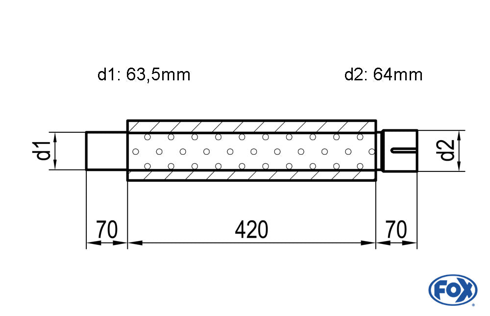 FOX Uni-Schalldämpfer rund mit Stutzen - Abwicklung 314 Ø 100mm, d1Ø 63,5mm d2Ø 64mm, Länge: 420mm