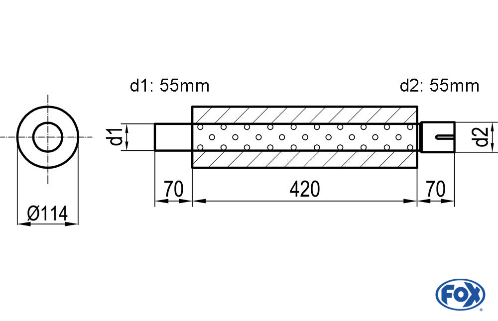 FOX Uni-Schalldämpfer rund mit Stutzen - Abwicklung 355 Ø 114mm, d1Ø 55mm d2Ø 55,5mm, Länge: 420mm